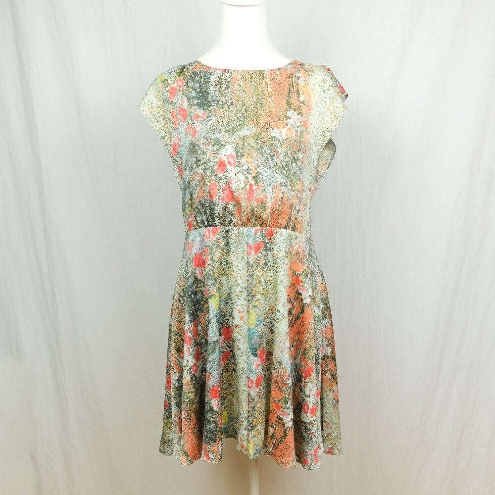 Alice + Olivia Floral Silk Dress Back Zip Scoop Neck Green Multi